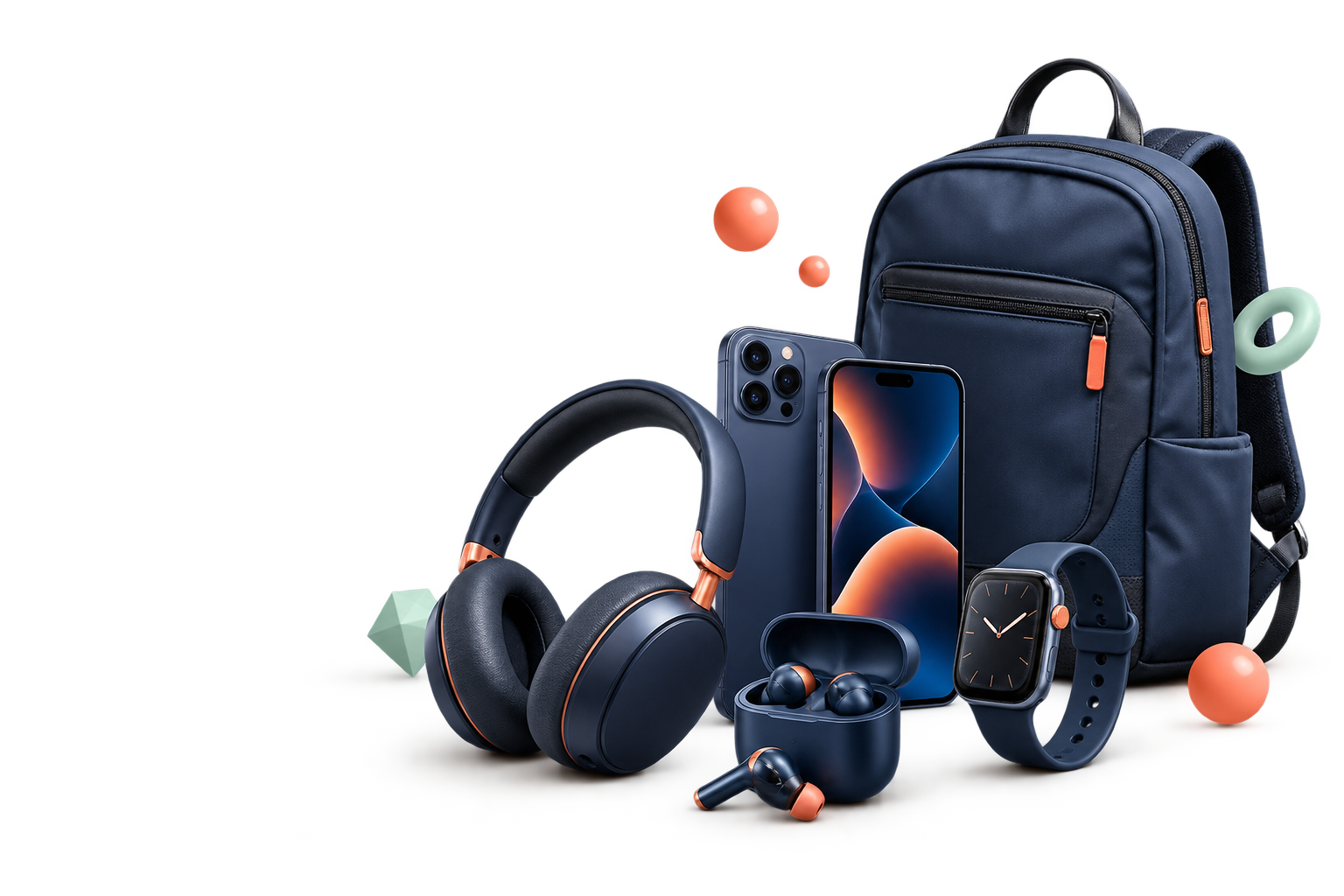 Smartphone, headphones, smartwatch, earbuds and backpack collection